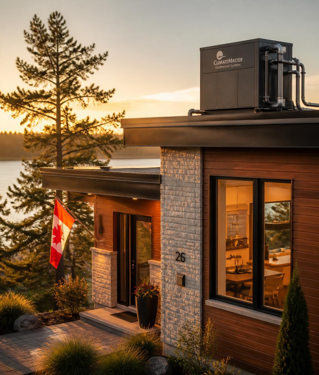 Modern Canadian home with a geothermal HVAC unit at golden hour